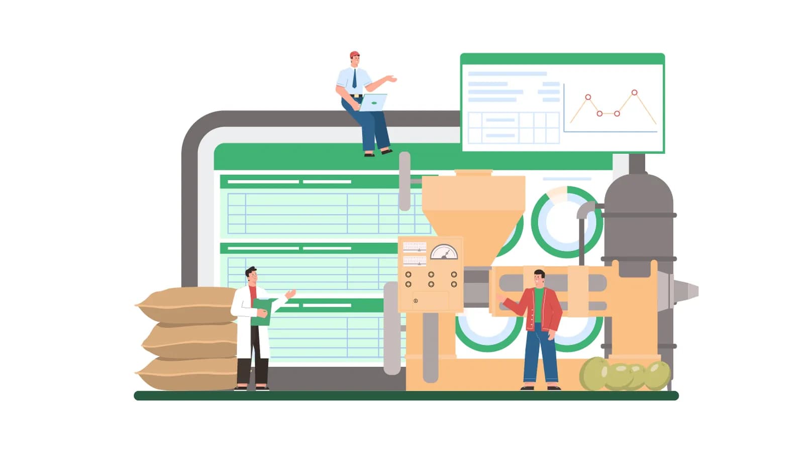 Ilustrasi lini produksi pabrik dengan petugas yang memantau mesin dan dashboard mutu