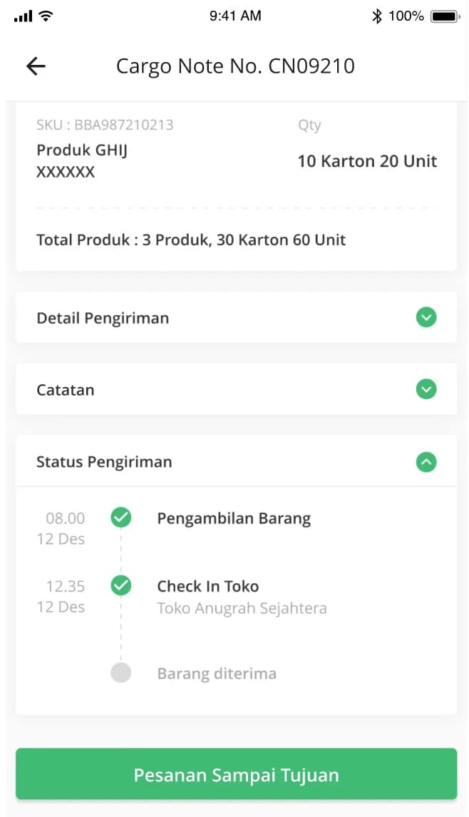 Status pengiriman cargo note di aplikasi kurir