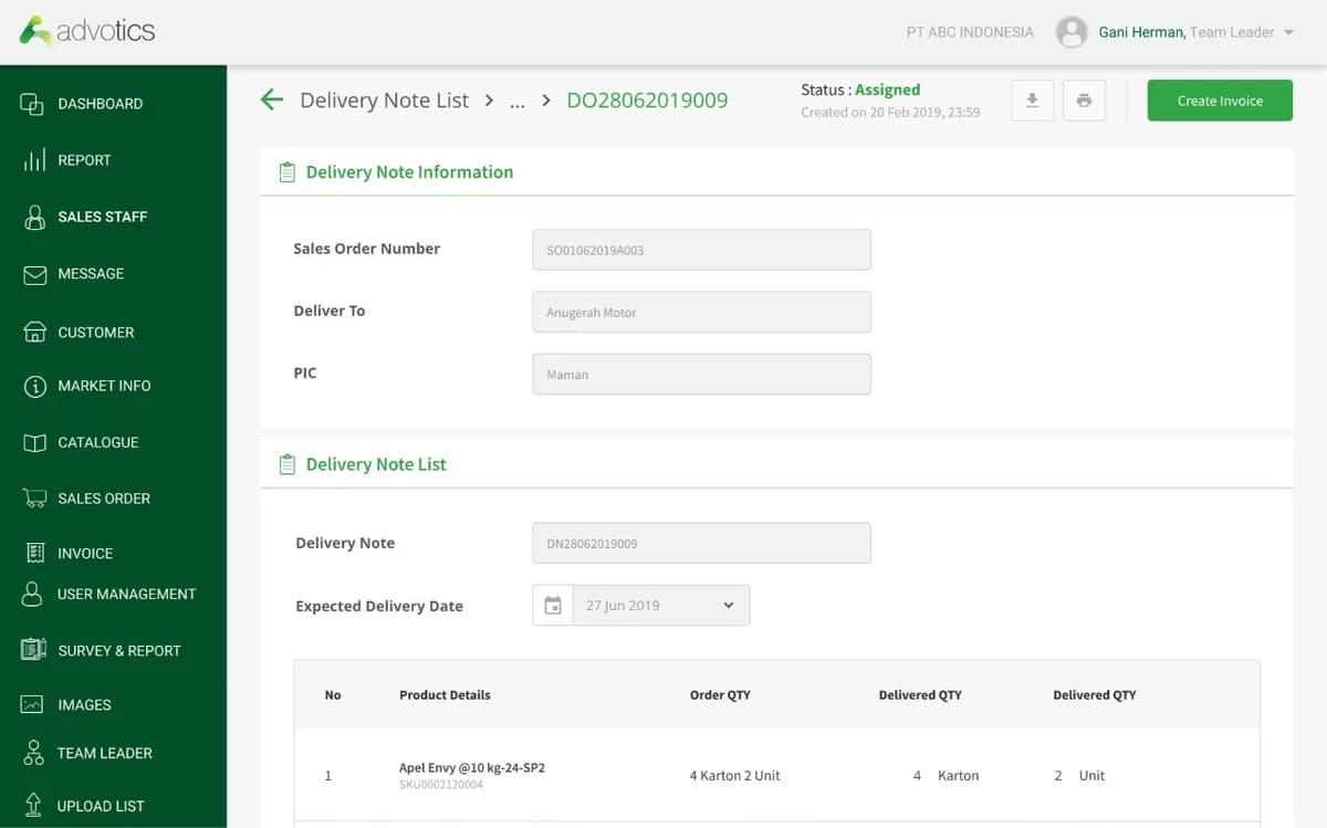 Daftar delivery note di dashboard web Advotics