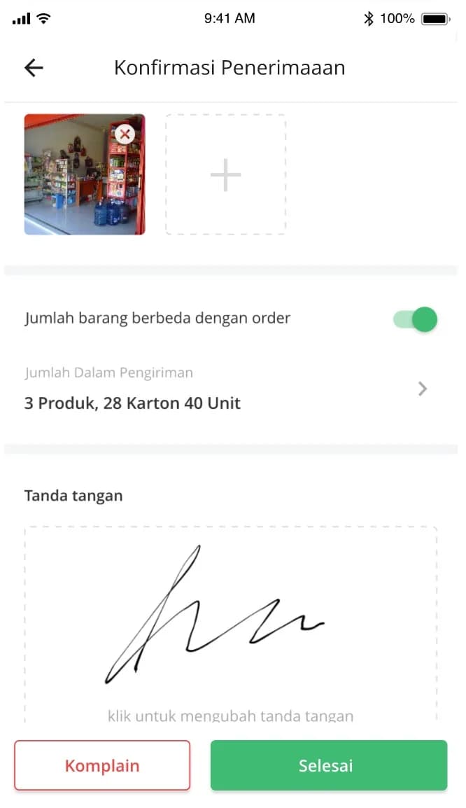Konfirmasi penerimaan barang dengan foto dan tanda tangan penerima
