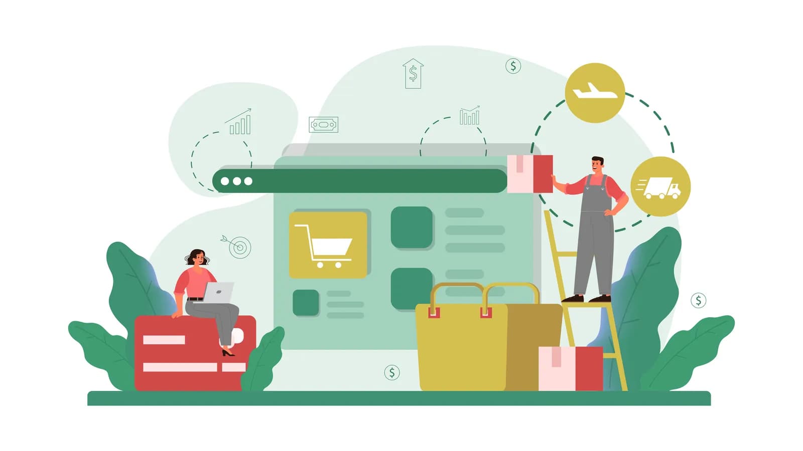 Ilustrasi pesanan online diproses dari keranjang belanja sampai pengiriman barang