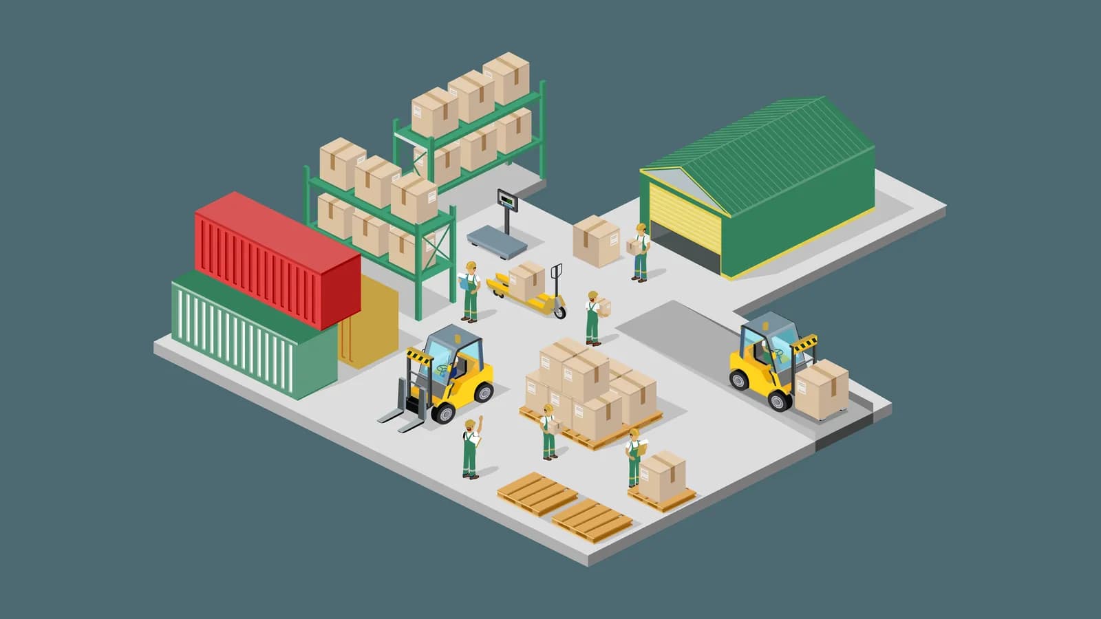 Ilustrasi gudang distributor dengan forklift, kontainer, dan tumpukan barang siap kirim