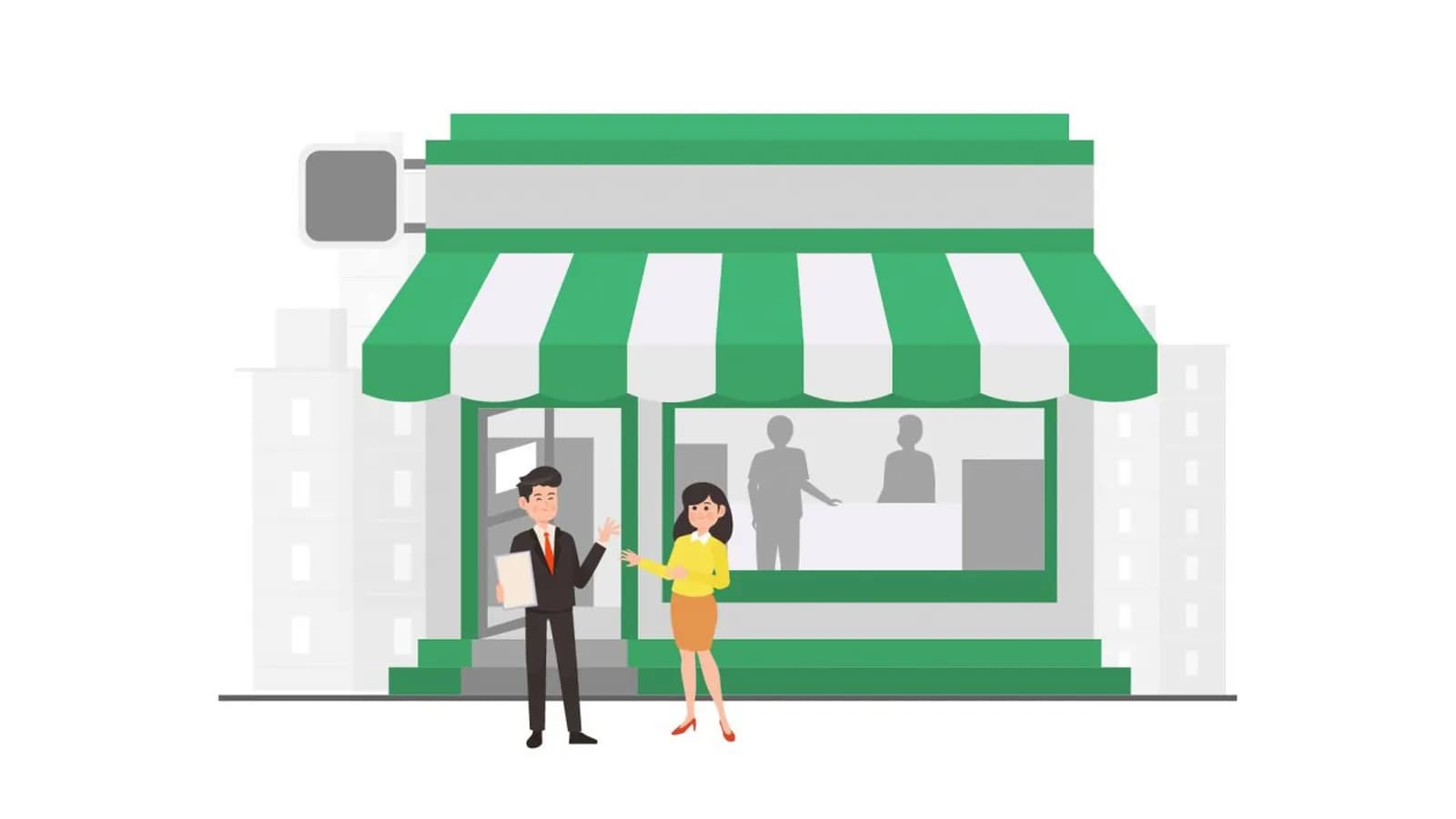 Ilustrasi salesman berbincang dengan pemilik toko di depan toko kelontong
