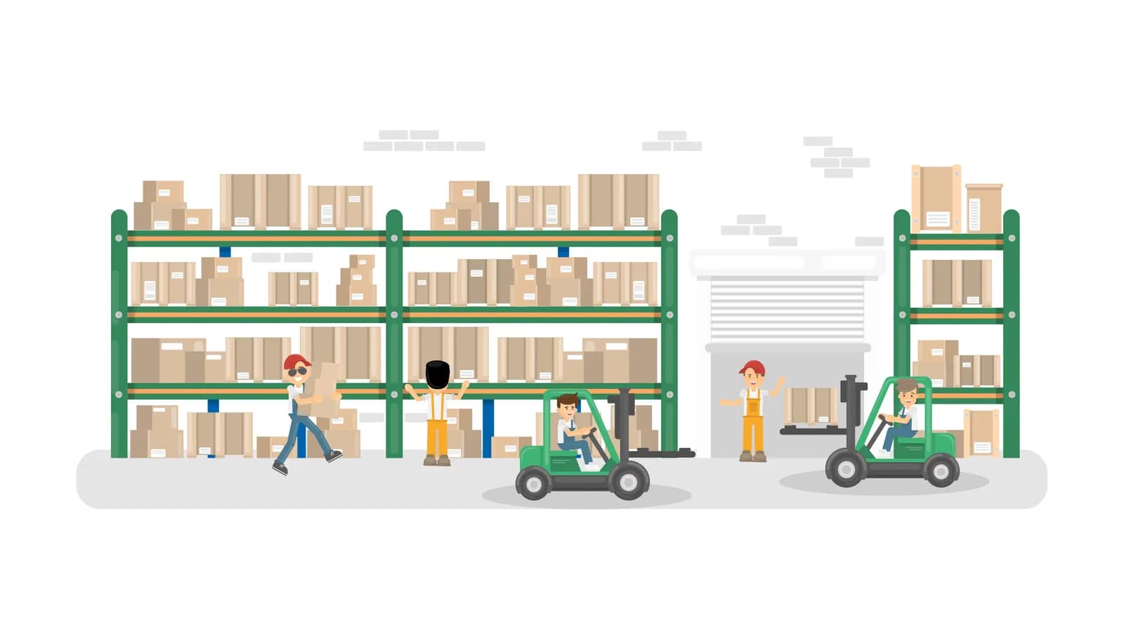 Ilustrasi gudang tertata dengan rak barang, petugas, dan forklift