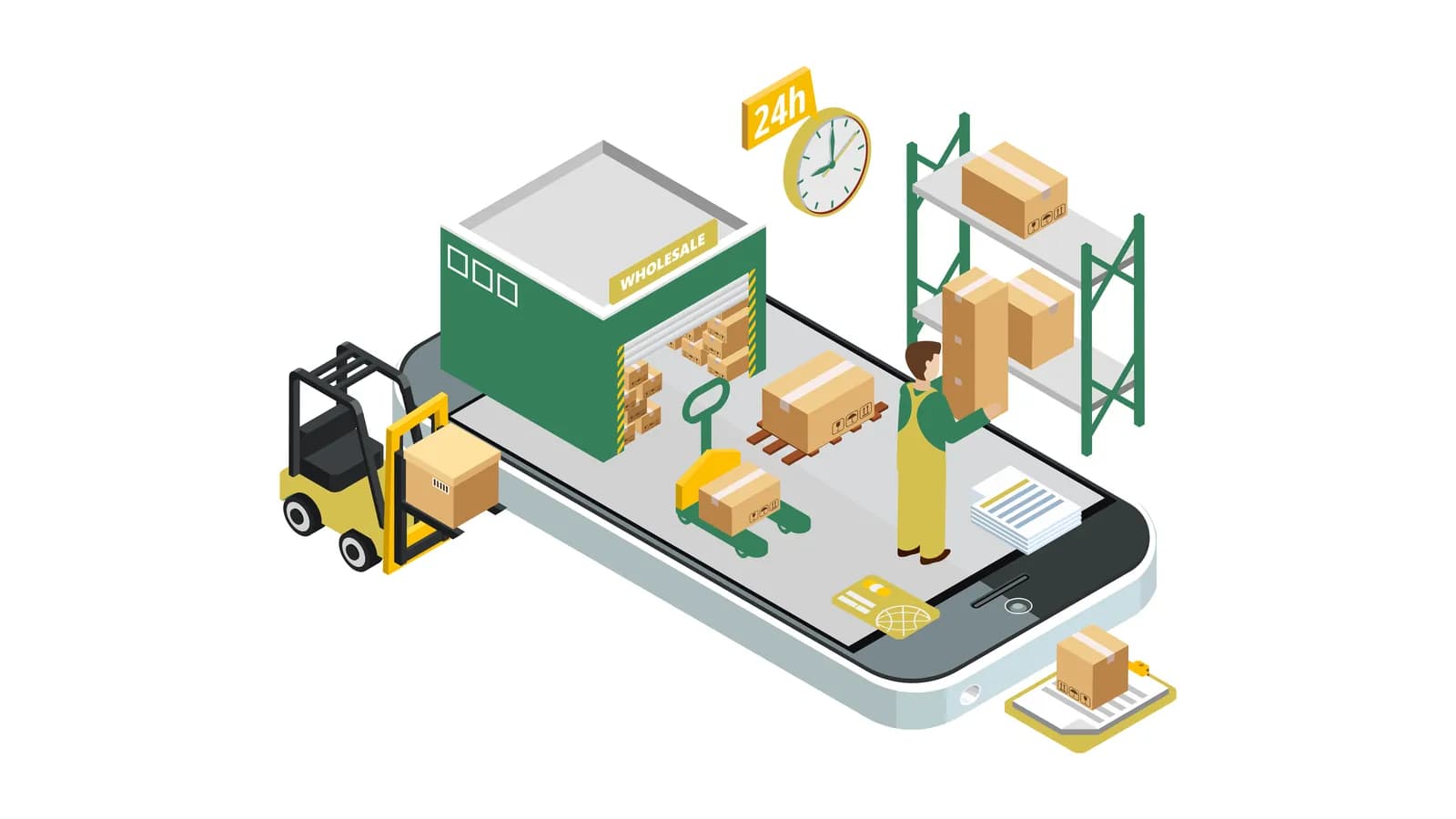 Ilustrasi gudang grosir dengan forklift, rak barang, dan pesanan yang diproses lewat aplikasi