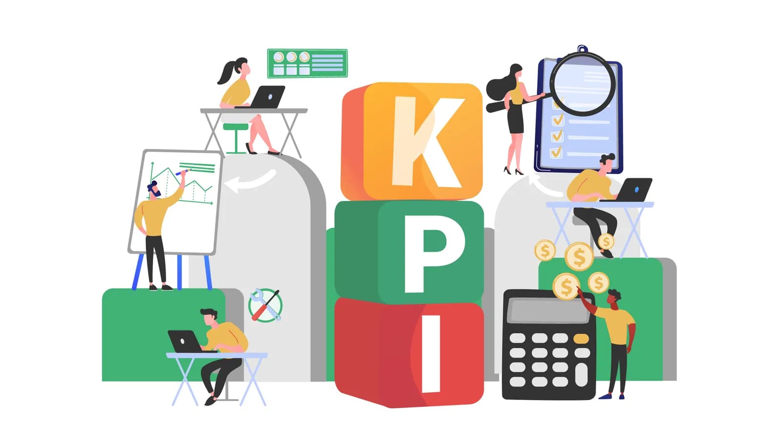 Ilustrasi tim menganalisis grafik dan laporan di sekitar balok huruf KPI