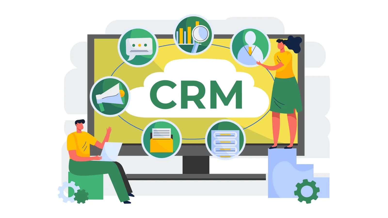 Ilustrasi layar bertuliskan CRM dengan ikon pelanggan, pesan, dan laporan di sekelilingnya