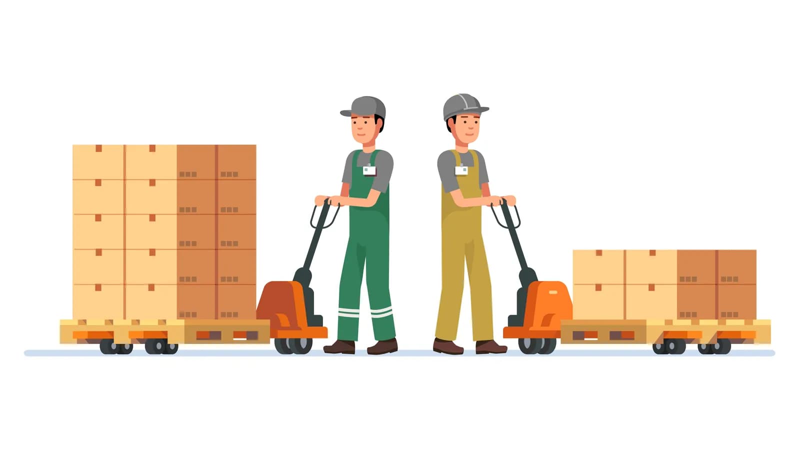 Ilustrasi dua petugas gudang menarik hand pallet berisi tumpukan kardus