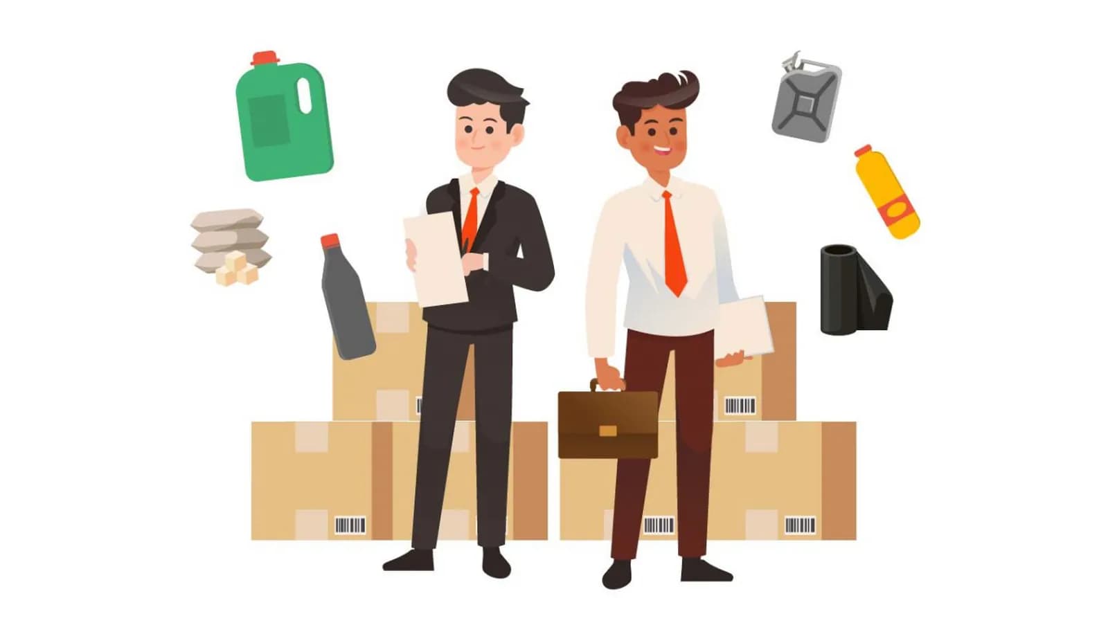Ilustrasi dua salesman berdiri di antara tumpukan kardus dan produk