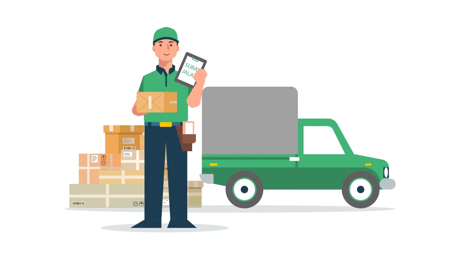 Ilustrasi kurir membawa paket dan dokumen pengiriman di samping truk barang