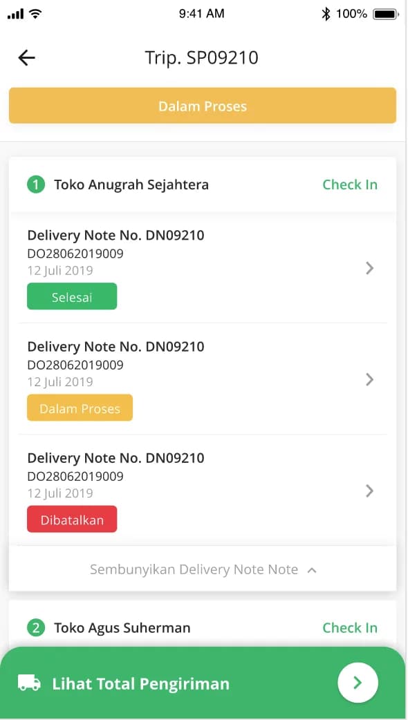 Daftar delivery note dalam satu trip di aplikasi pengemudi