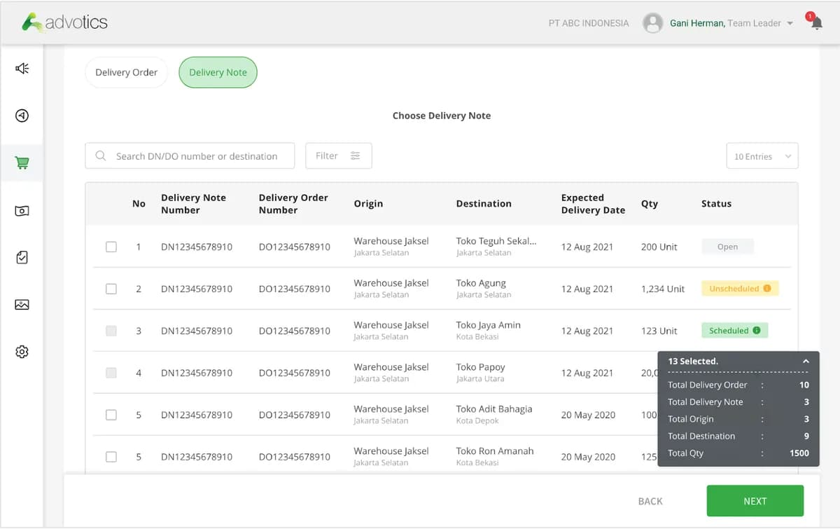Memilih delivery order yang akan direncanakan pengirimannya